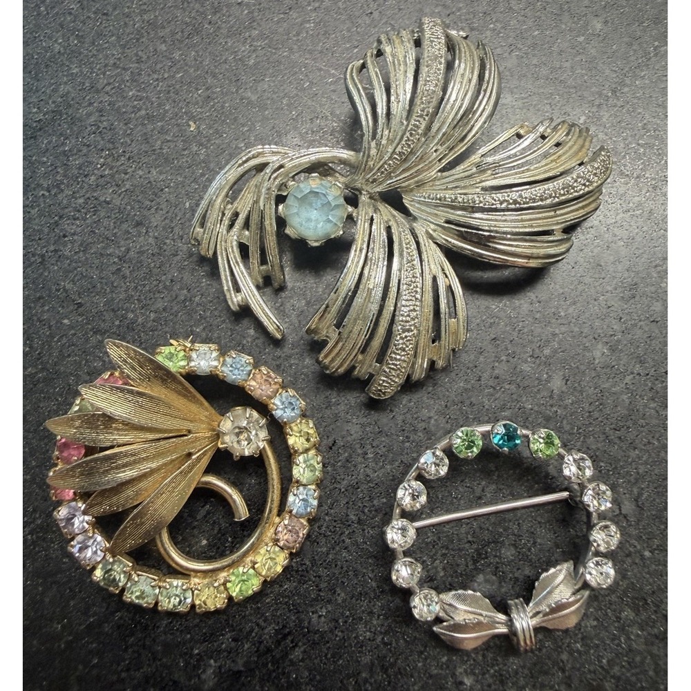 Vintage Brooch Lot Emmons Krementz Rhinestone Circle Floral Pins 3 Pc